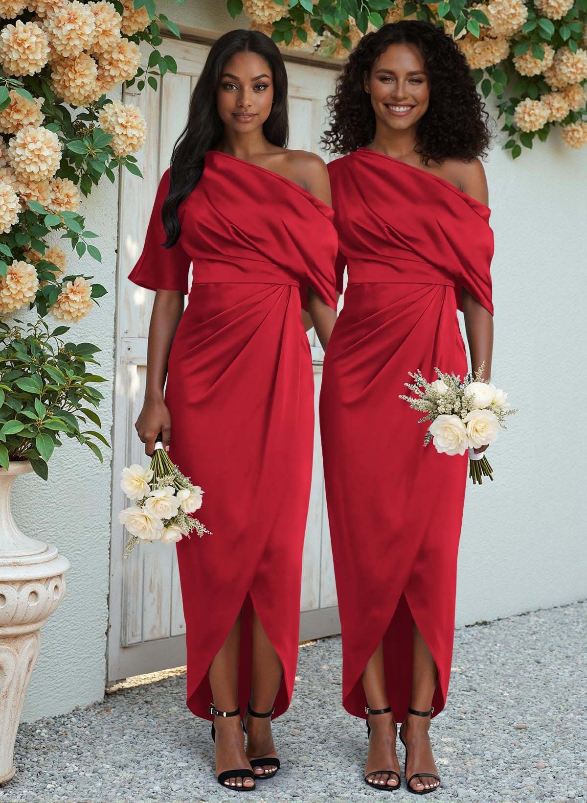 Sheath/Column Asymmetrical Sleeveless Satin Bridesmaid Dresses With Ruffle, product image 90