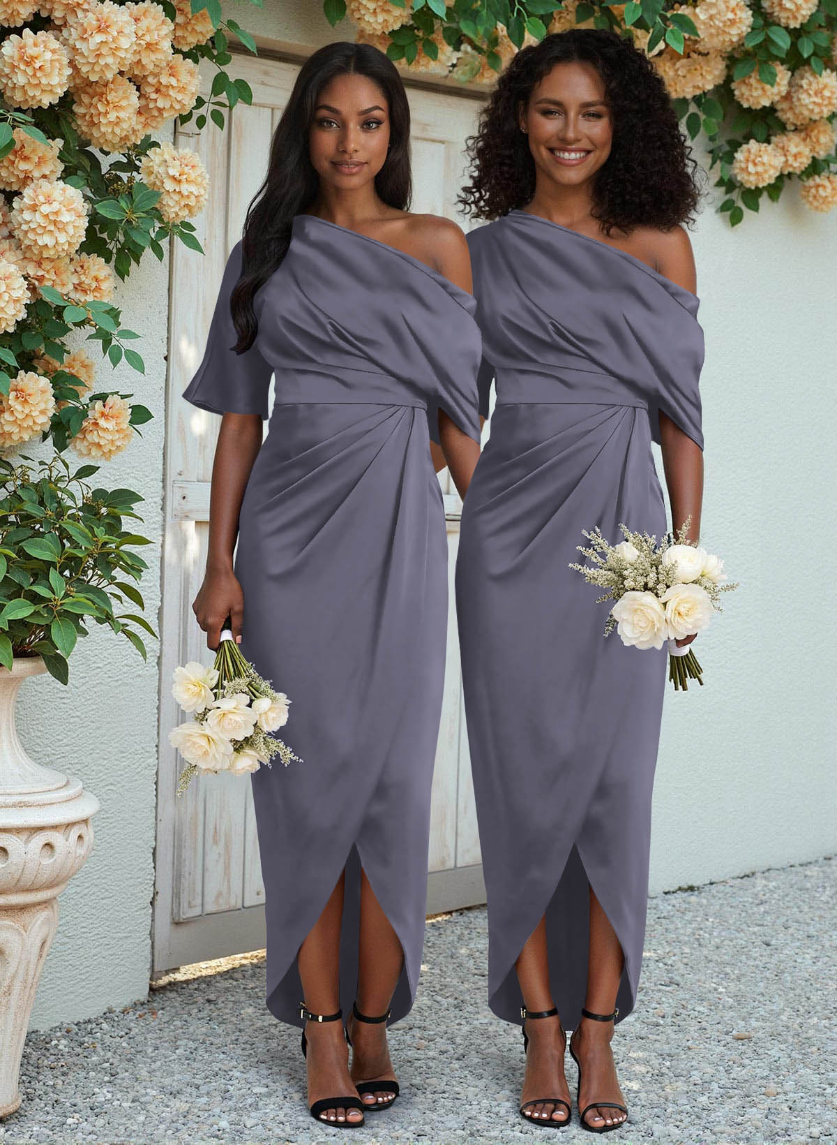 Sheath/Column Asymmetrical Sleeveless Satin Bridesmaid Dresses With Ruffle, product image 26