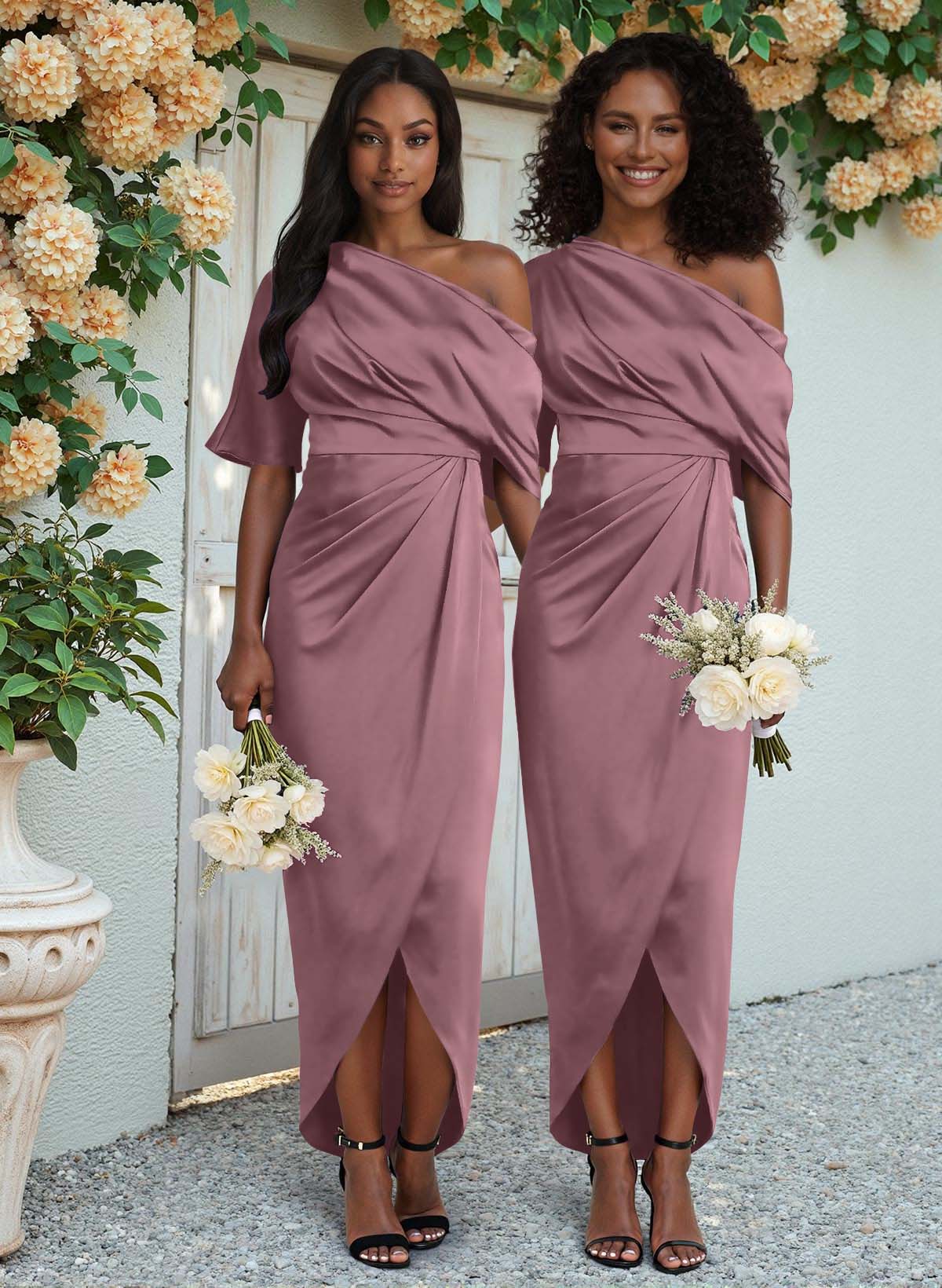 Sheath/Column Asymmetrical Sleeveless Satin Bridesmaid Dresses With Ruffle, product image 142