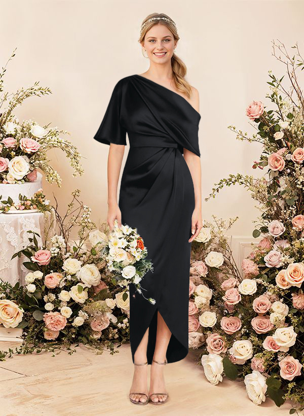 Sheath/Column Asymmetrical Sleeveless Satin Bridesmaid Dresses With Ruffle, product image 7