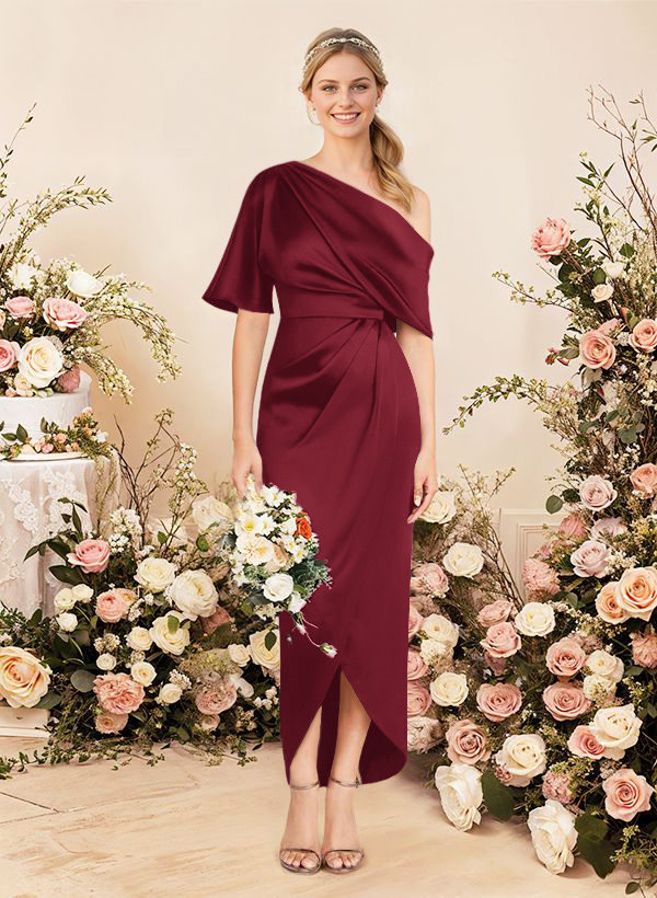 Sheath/Column Asymmetrical Sleeveless Satin Bridesmaid Dresses With Ruffle, product image 96