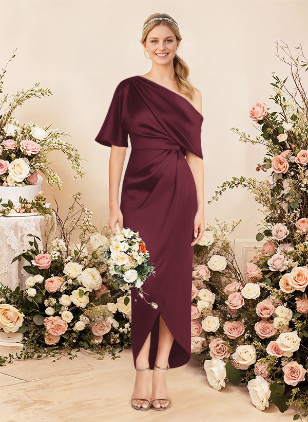 Sheath/Column Asymmetrical Sleeveless Satin Bridesmaid Dresses With Ruffle, product image 100