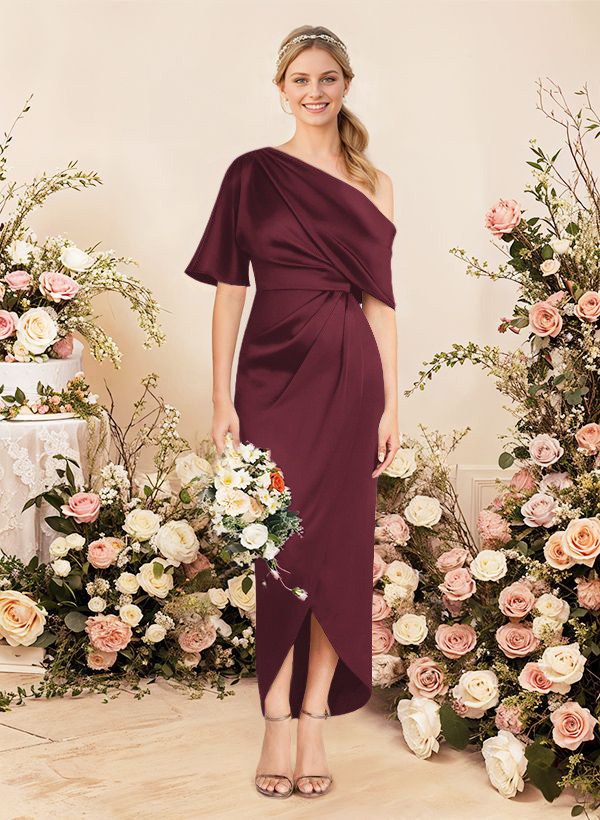 Sheath/Column Asymmetrical Sleeveless Satin Bridesmaid Dresses With Ruffle, product image 100
