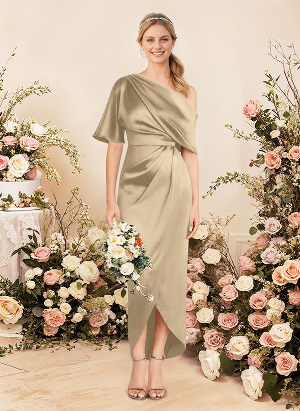 Sheath/Column Asymmetrical Sleeveless Satin Bridesmaid Dresses With Ruffle, product image 12