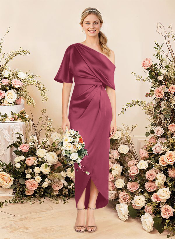 Sheath/Column Asymmetrical Sleeveless Satin Bridesmaid Dresses With Ruffle, product image 104