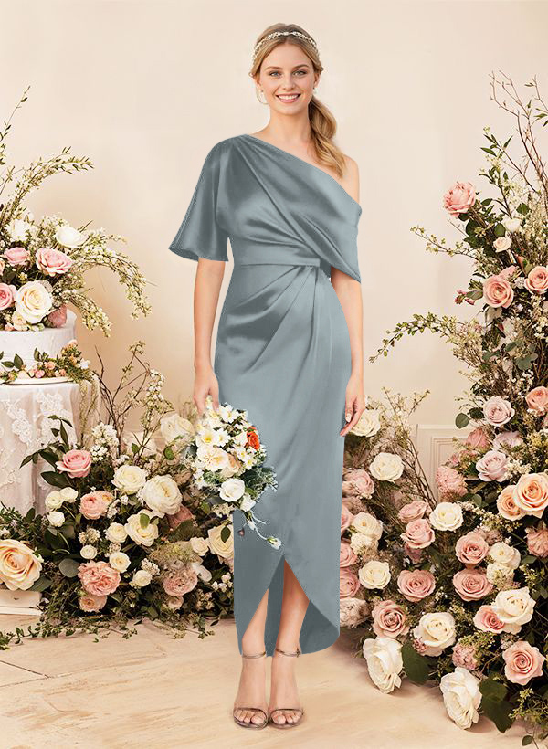 Sheath/Column Asymmetrical Sleeveless Satin Bridesmaid Dresses With Ruffle, product image 32