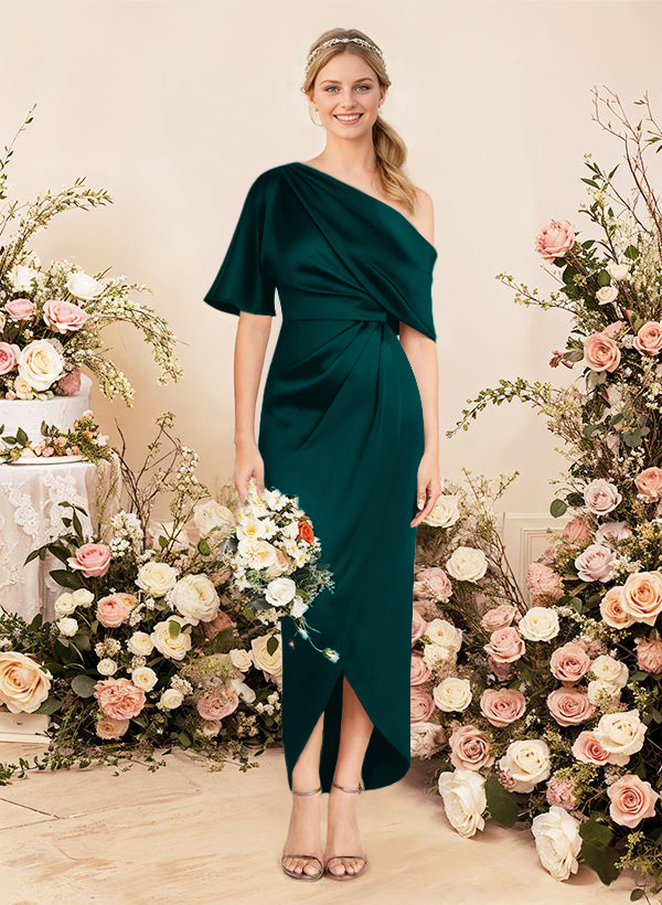 Sheath/Column Asymmetrical Sleeveless Satin Bridesmaid Dresses With Ruffle, product image 184