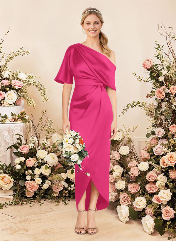 Sheath/Column Asymmetrical Sleeveless Satin Bridesmaid Dresses With Ruffle, product image 60