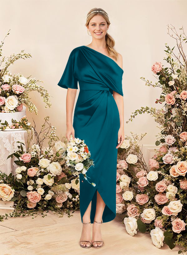 Sheath/Column Asymmetrical Sleeveless Satin Bridesmaid Dresses With Ruffle, product image 40