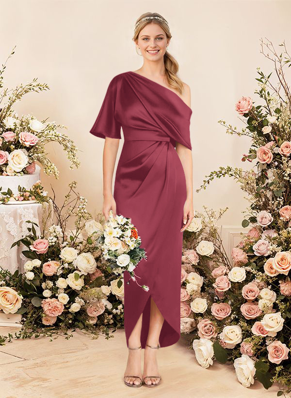 Sheath/Column Asymmetrical Sleeveless Satin Bridesmaid Dresses With Ruffle, product image 108