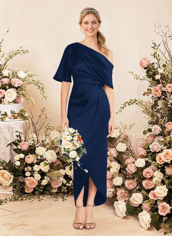 Sheath/Column Asymmetrical Sleeveless Satin Bridesmaid Dresses With Ruffle, product image 16