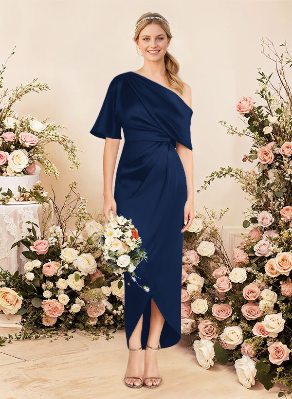 Sheath/Column Asymmetrical Sleeveless Satin Bridesmaid Dresses With Ruffle, product image 16