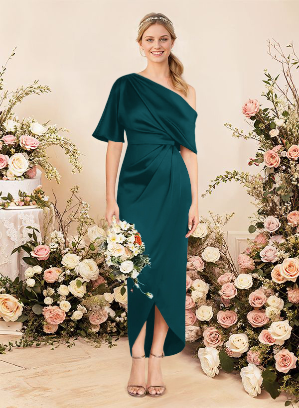 Sheath/Column Asymmetrical Sleeveless Satin Bridesmaid Dresses With Ruffle, product image 180