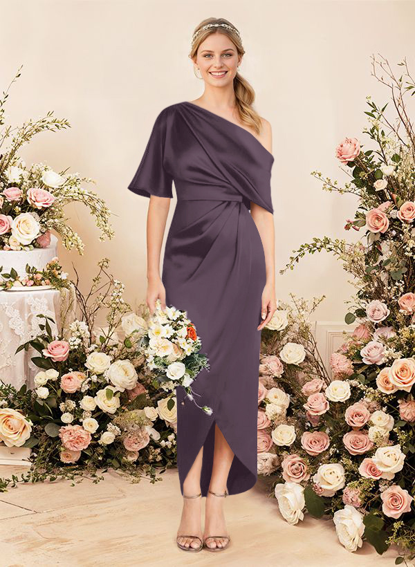 Sheath/Column Asymmetrical Sleeveless Satin Bridesmaid Dresses With Ruffle, product image 160