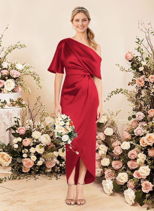 Sheath/Column Asymmetrical Sleeveless Satin Bridesmaid Dresses With Ruffle, product image 92