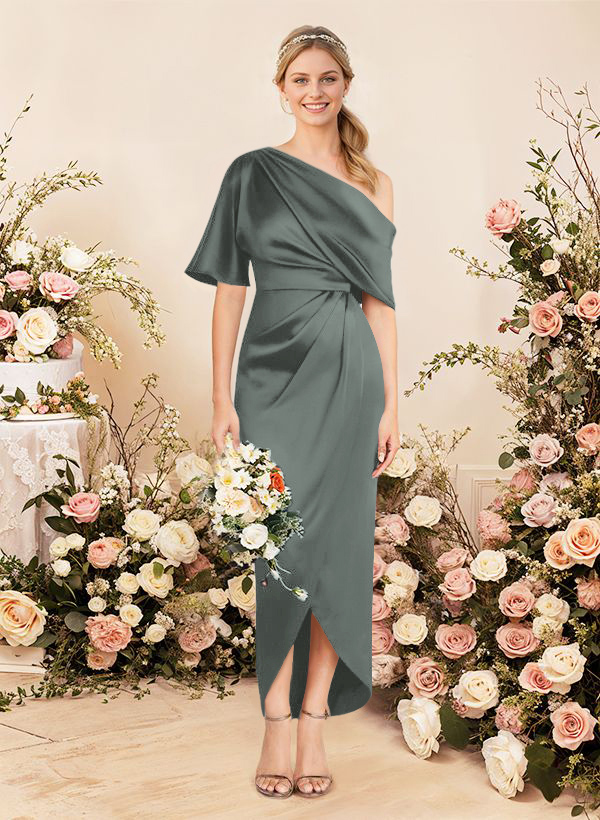 Sheath/Column Asymmetrical Sleeveless Satin Bridesmaid Dresses With Ruffle, product image 260