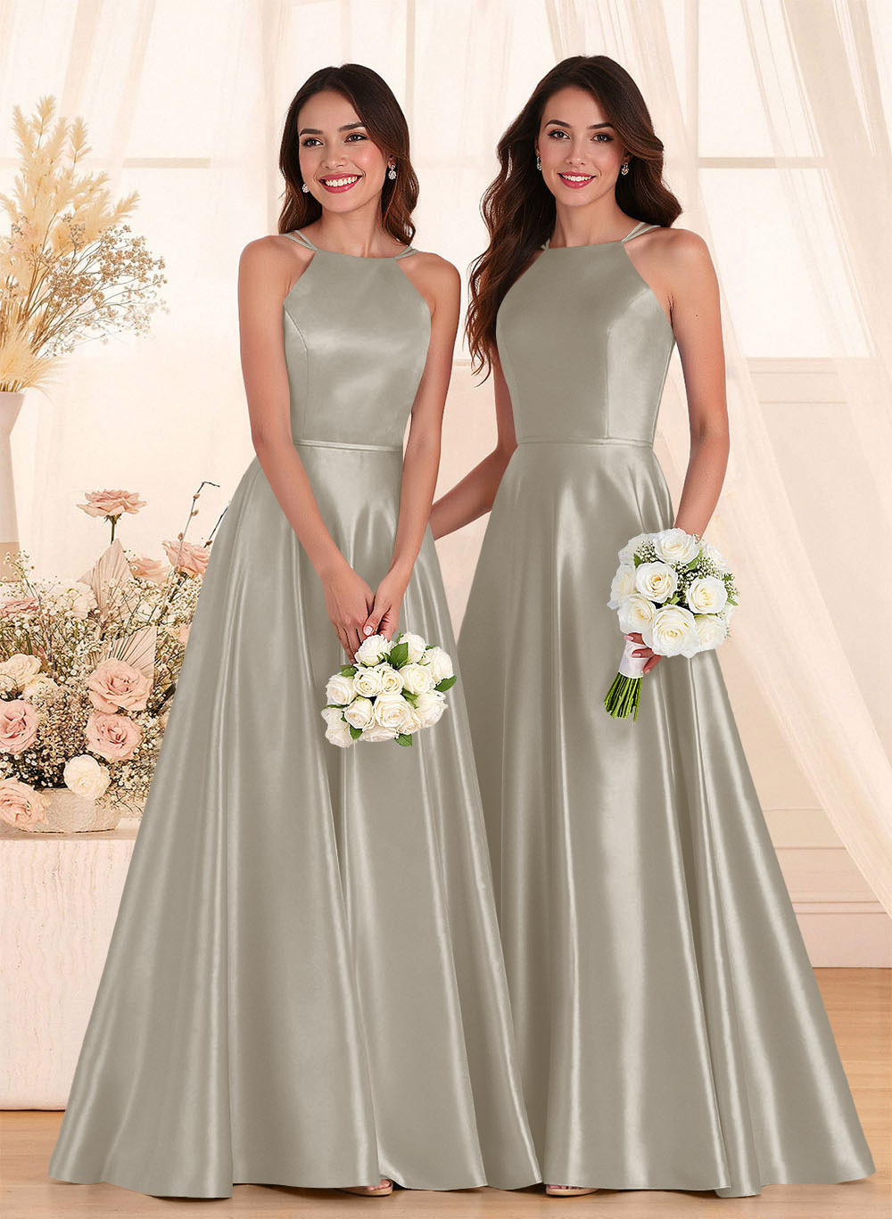 Classic Scoop Neck A-Line Floor-Length Satin Bridesmaid Dresses, product image 22