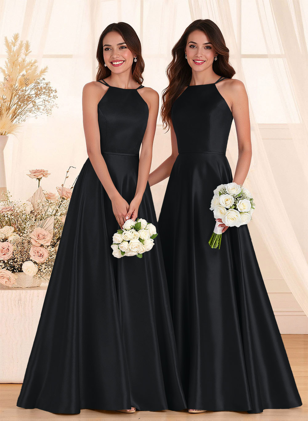Classic Scoop Neck A-Line Floor-Length Satin Bridesmaid Dresses, product image 30