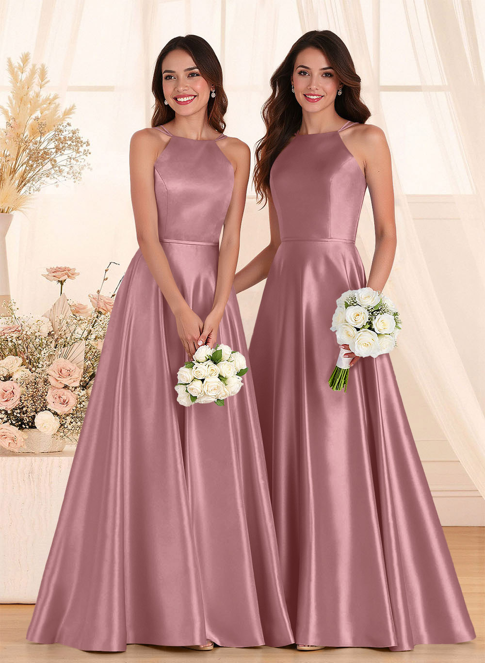 Classic Scoop Neck A-Line Floor-Length Satin Bridesmaid Dresses, product image 100