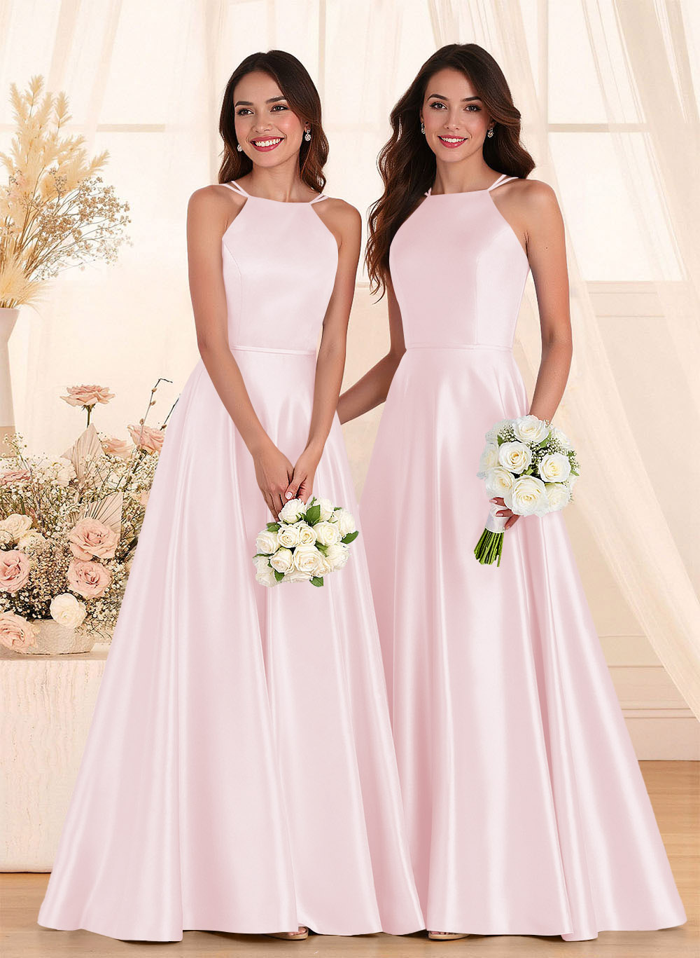 Classic Scoop Neck A-Line Floor-Length Satin Bridesmaid Dresses, product image 94