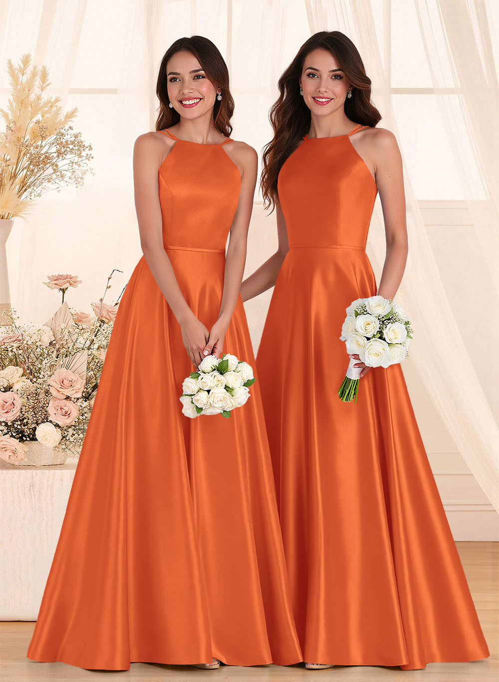 Classic Scoop Neck A-Line Floor-Length Satin Bridesmaid Dresses, product image 16