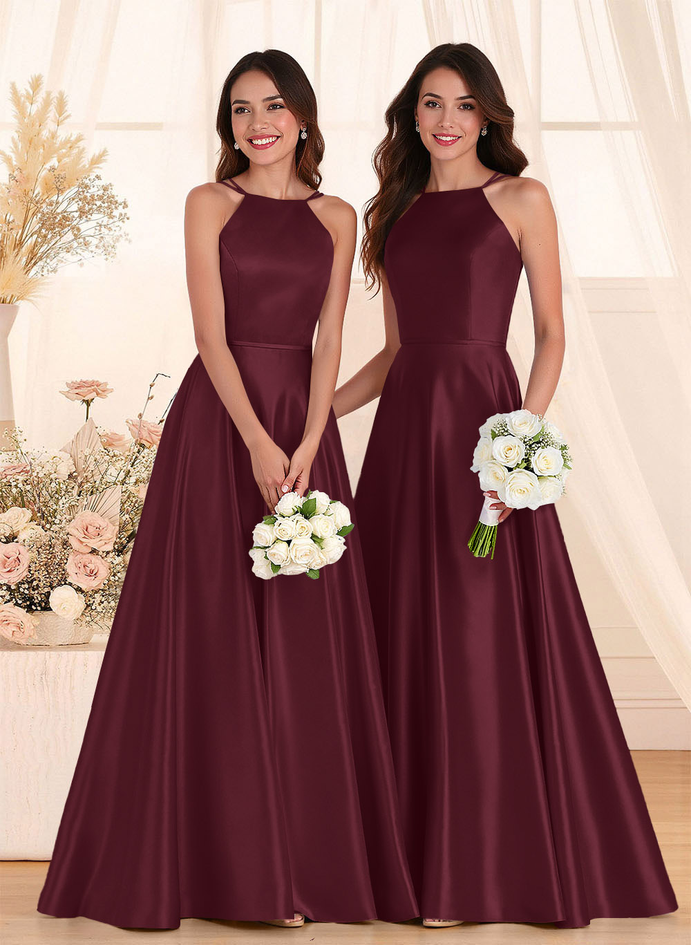Classic Scoop Neck A-Line Floor-Length Satin Bridesmaid Dresses, product image 118