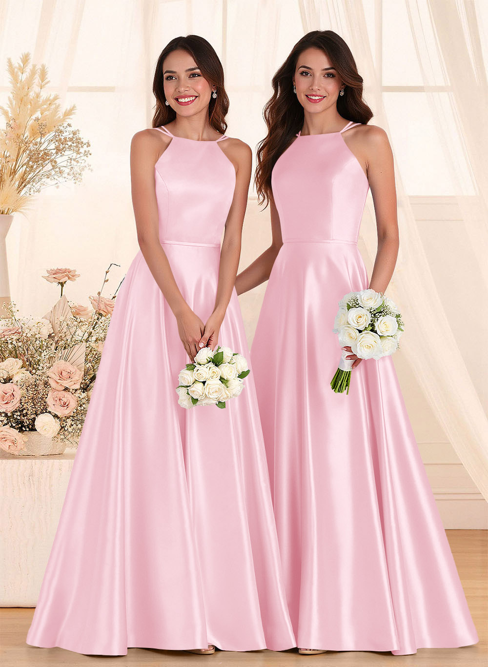 Classic Scoop Neck A-Line Floor-Length Satin Bridesmaid Dresses, product image 92