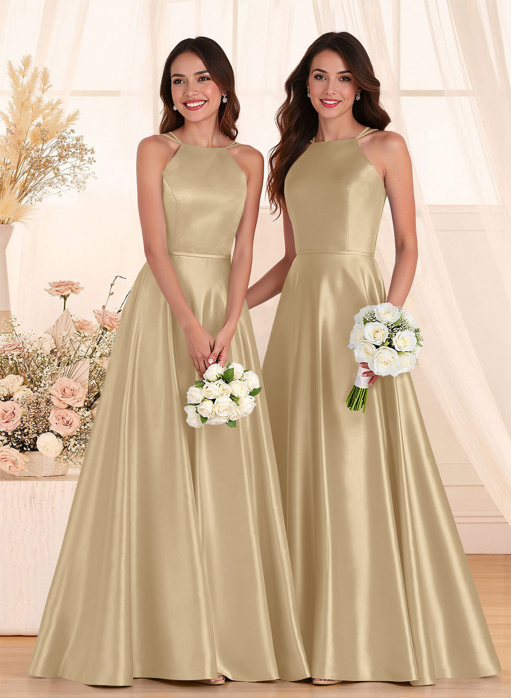 Classic Scoop Neck A-Line Floor-Length Satin Bridesmaid Dresses, product image 52