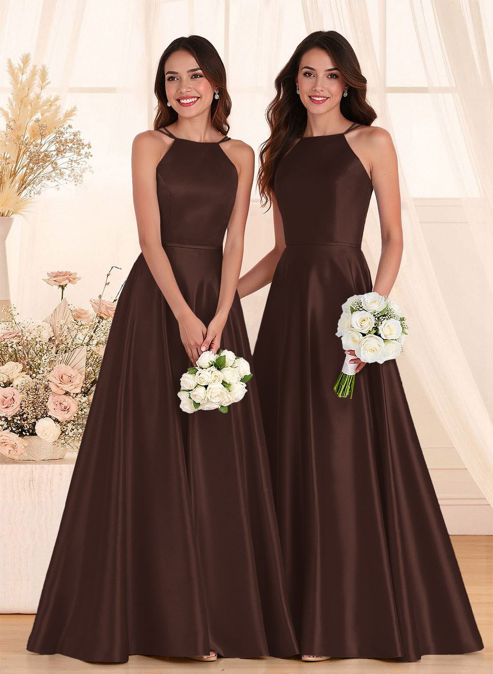 Classic Scoop Neck A-Line Floor-Length Satin Bridesmaid Dresses, product image 40