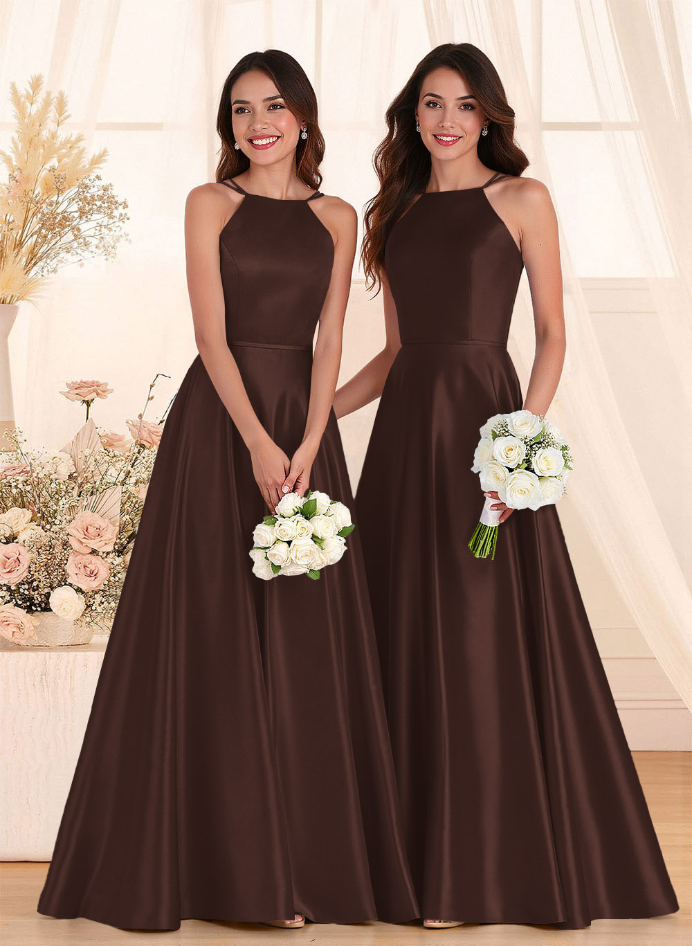 Classic Scoop Neck A-Line Floor-Length Satin Bridesmaid Dresses, product image 40