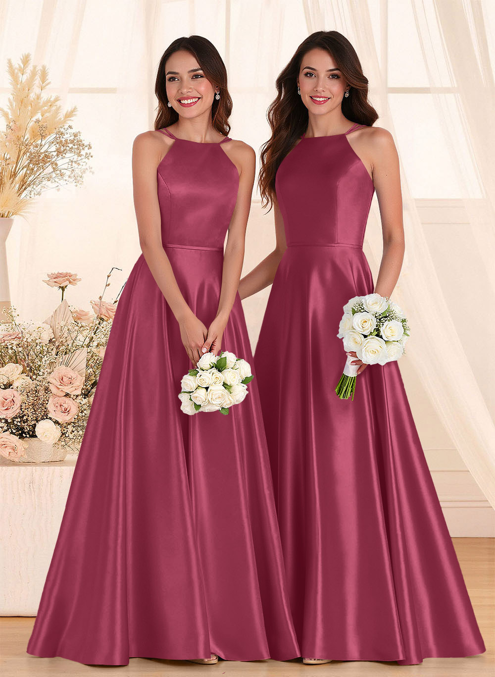 Classic Scoop Neck A-Line Floor-Length Satin Bridesmaid Dresses, product image 114