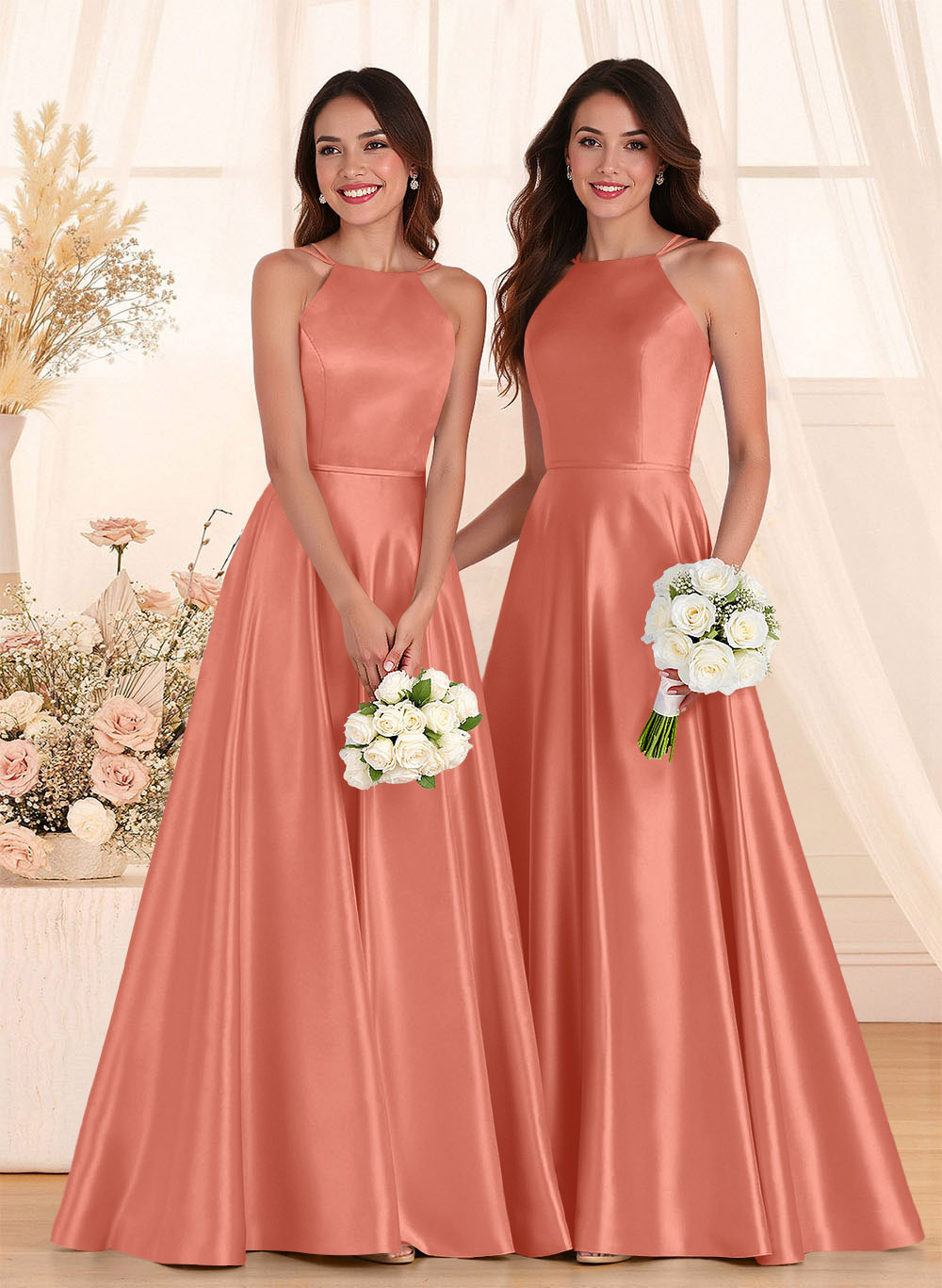 Classic Scoop Neck A-Line Floor-Length Satin Bridesmaid Dresses, product image 96