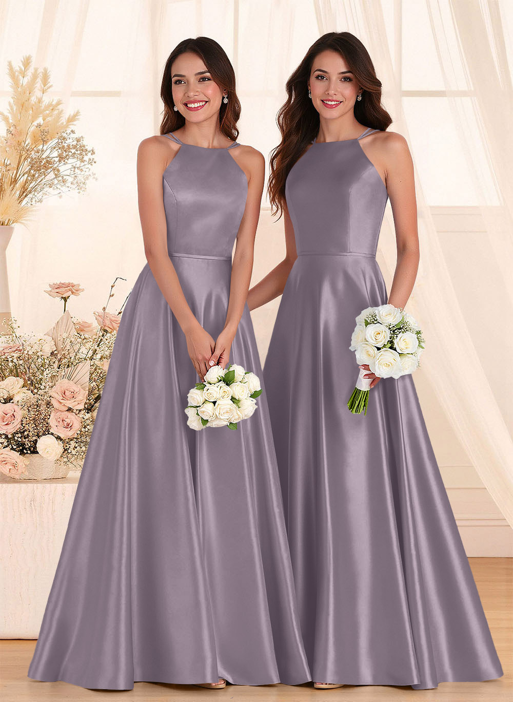 Classic Scoop Neck A-Line Floor-Length Satin Bridesmaid Dresses, product image 90