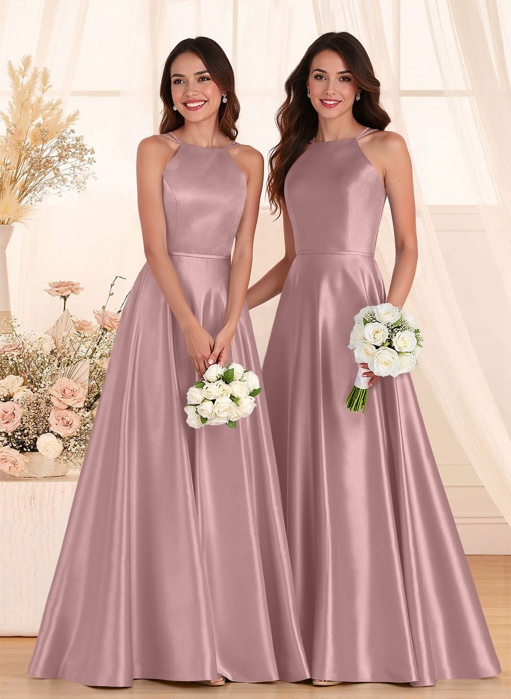 Classic Scoop Neck A-Line Floor-Length Satin Bridesmaid Dresses, product image 104