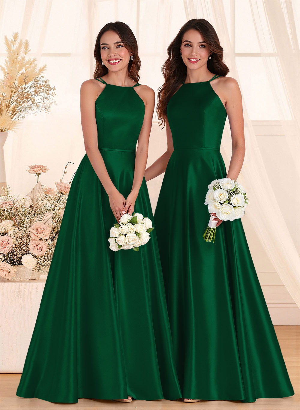 Classic Scoop Neck A-Line Floor-Length Satin Bridesmaid Dresses, product image 20