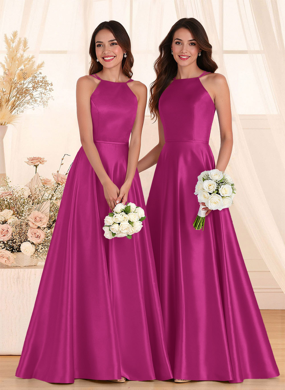 Classic Scoop Neck A-Line Floor-Length Satin Bridesmaid Dresses, product image 72