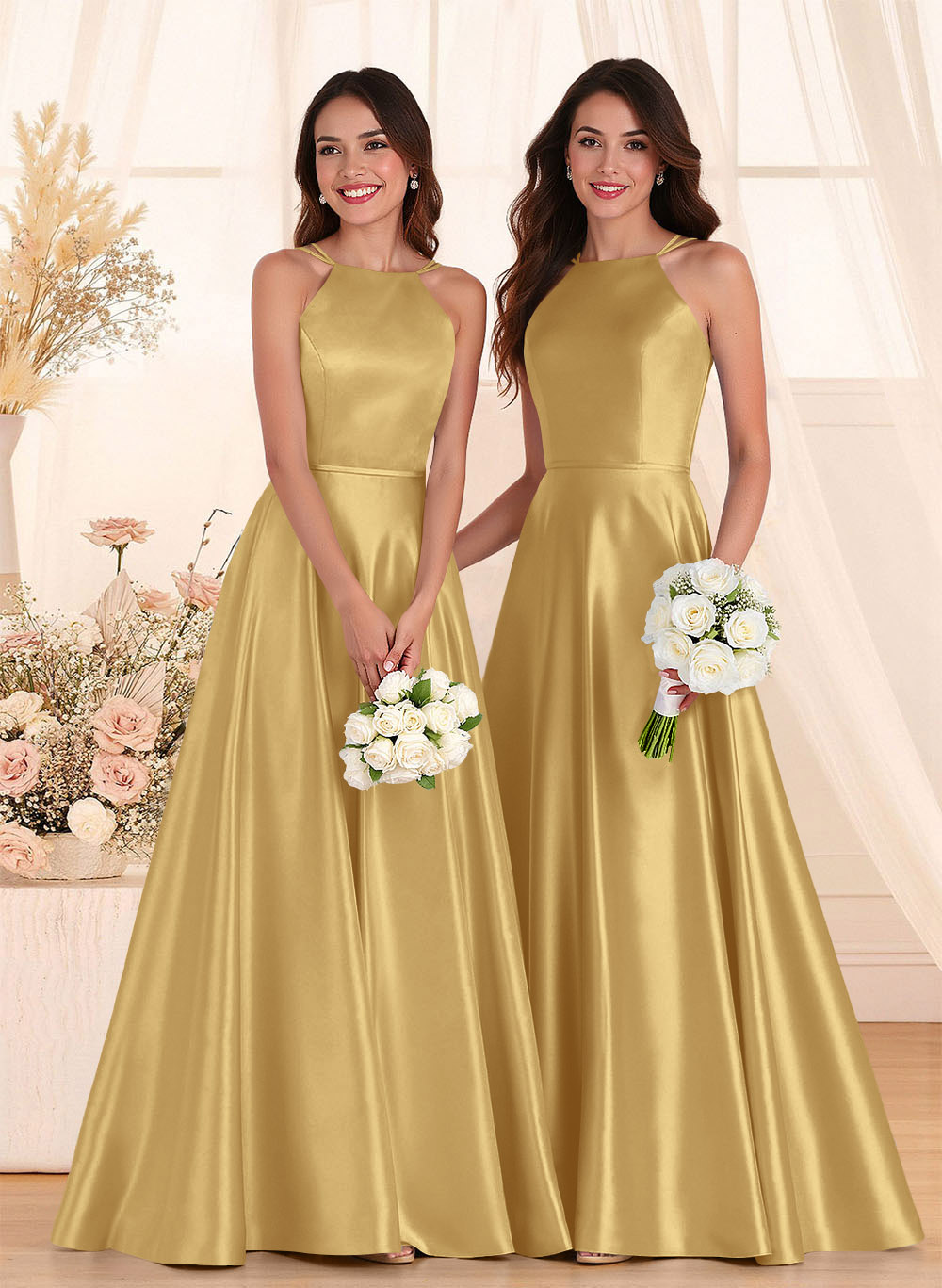 Classic Scoop Neck A-Line Floor-Length Satin Bridesmaid Dresses, product image 46