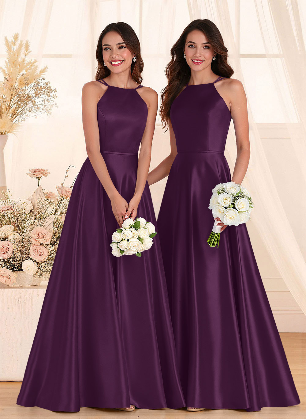 Classic Scoop Neck A-Line Floor-Length Satin Bridesmaid Dresses, product image 76