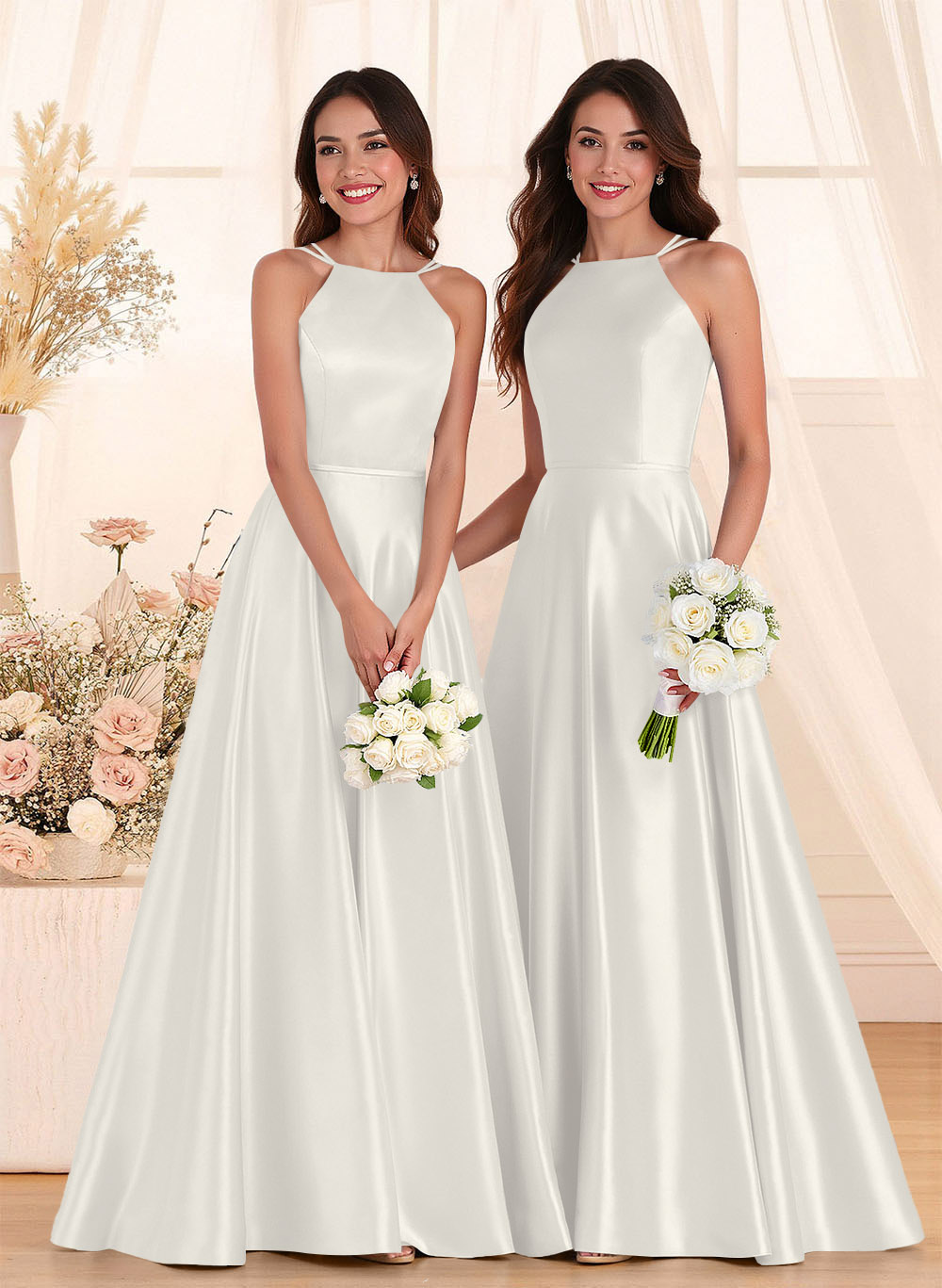 Classic Scoop Neck A-Line Floor-Length Satin Bridesmaid Dresses, product image 38