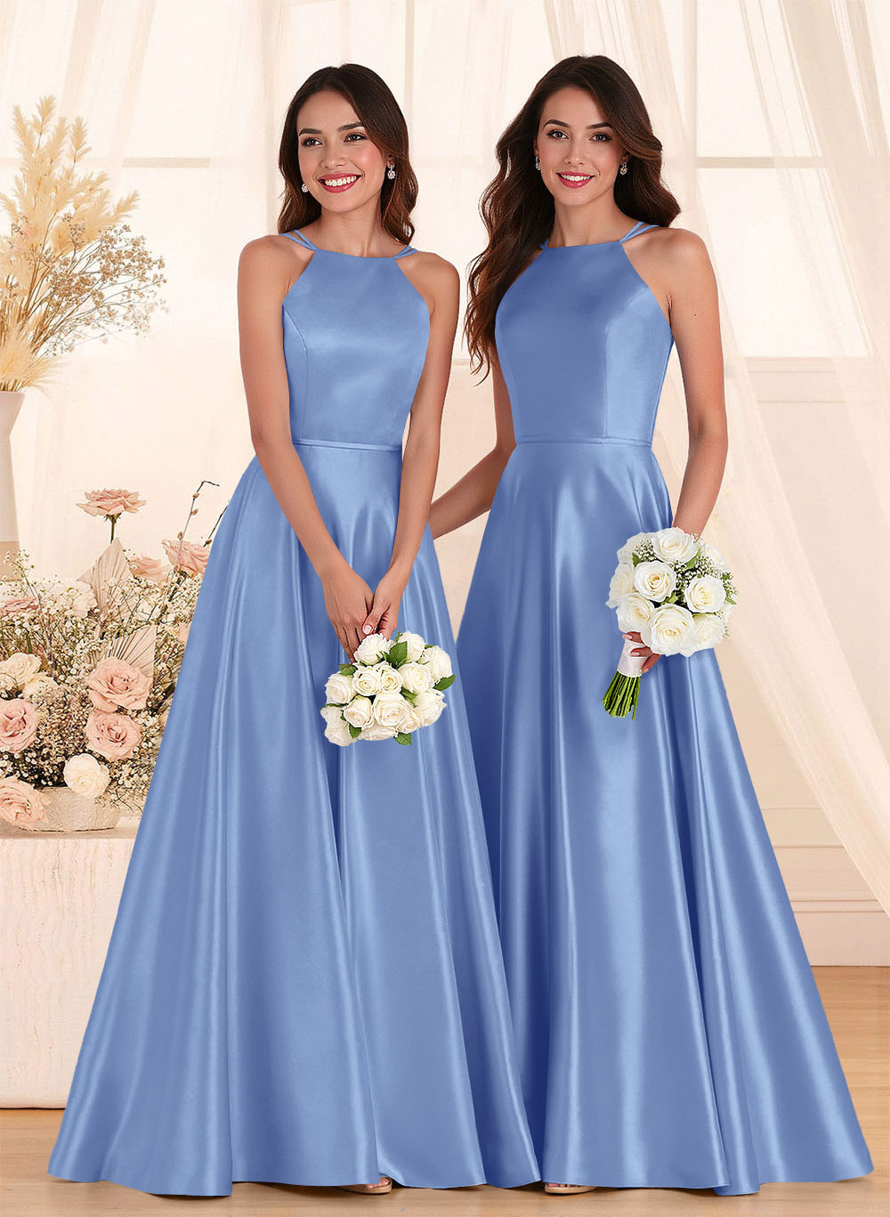 Classic Scoop Neck A-Line Floor-Length Satin Bridesmaid Dresses, product image 122