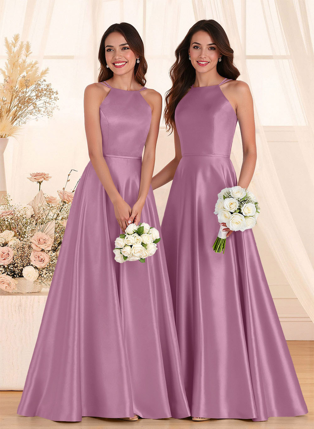 Classic Scoop Neck A-Line Floor-Length Satin Bridesmaid Dresses, product image 84