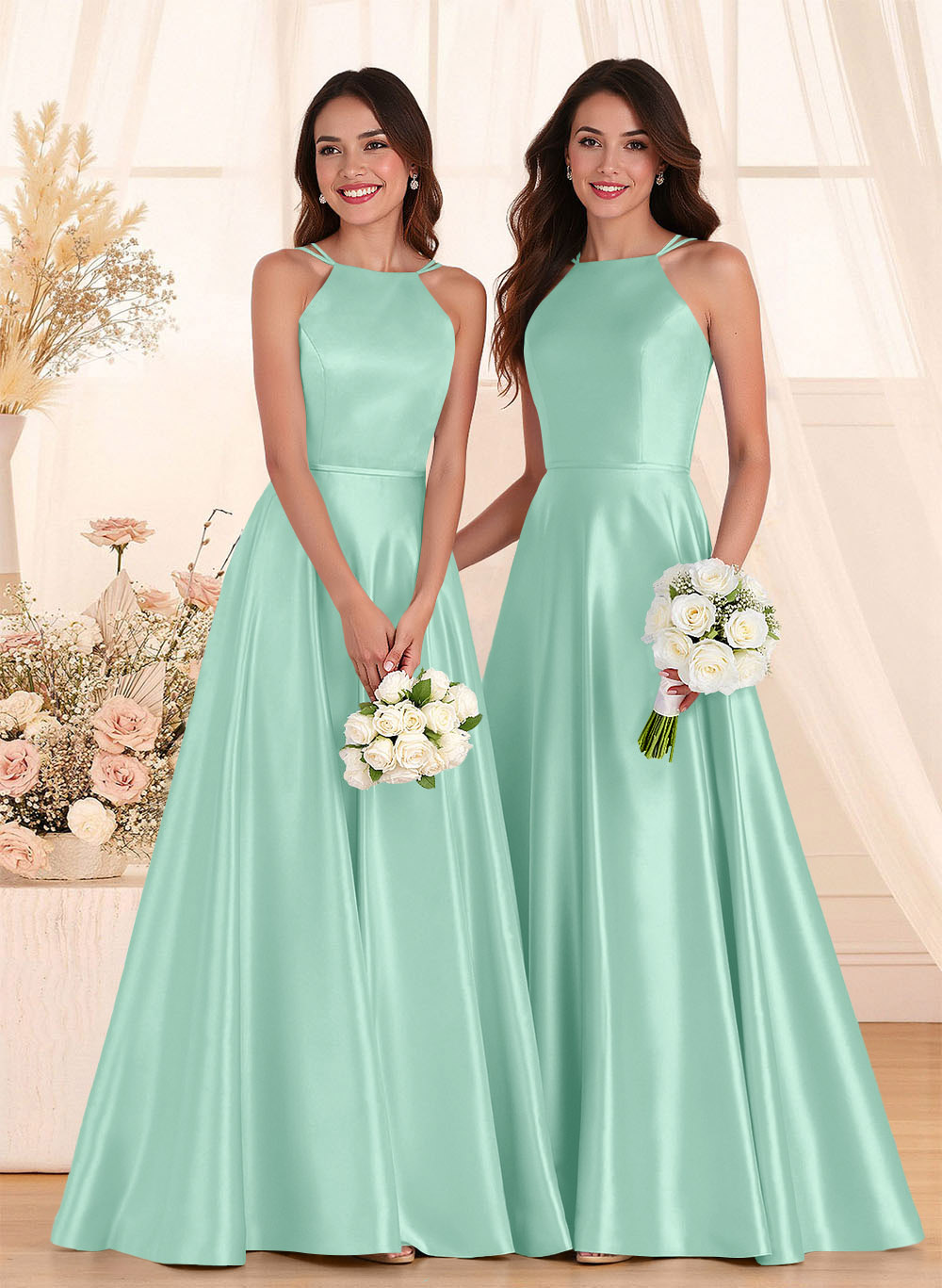 Classic Scoop Neck A-Line Floor-Length Satin Bridesmaid Dresses, product image 56