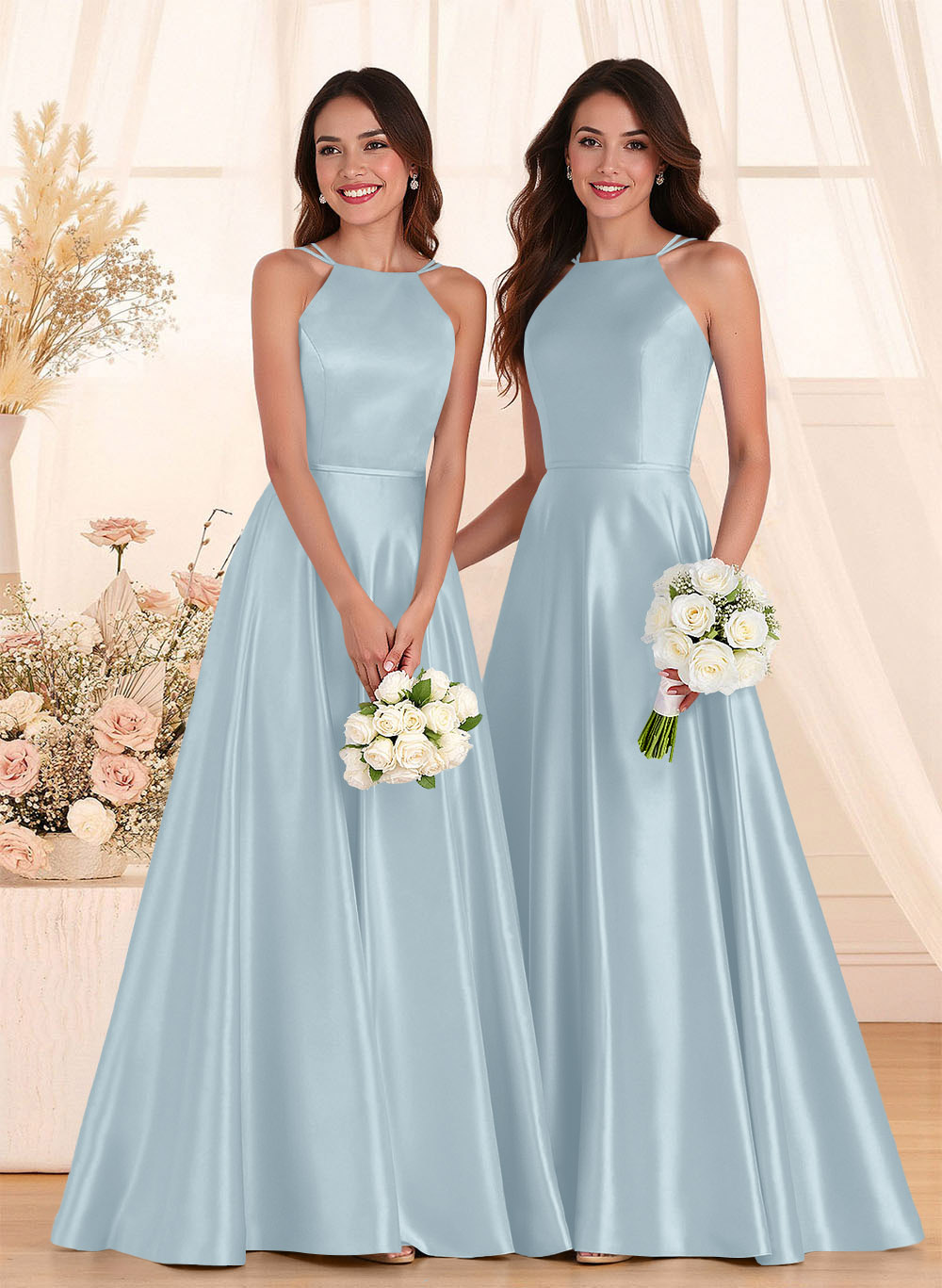 Classic Scoop Neck A-Line Floor-Length Satin Bridesmaid Dresses, product image 120