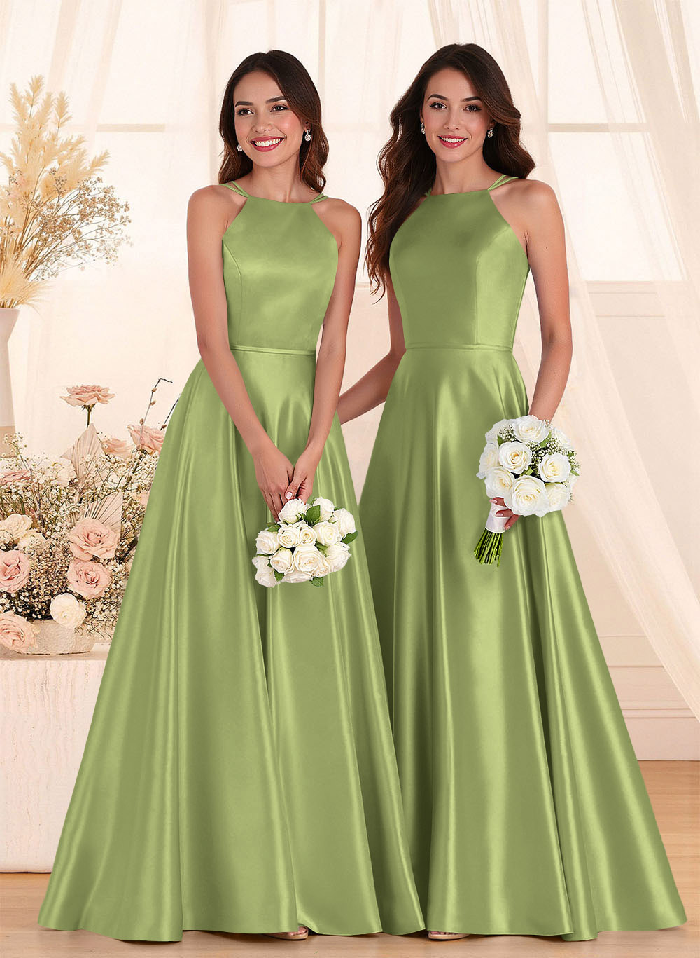 Classic Scoop Neck A-Line Floor-Length Satin Bridesmaid Dresses, product image 12