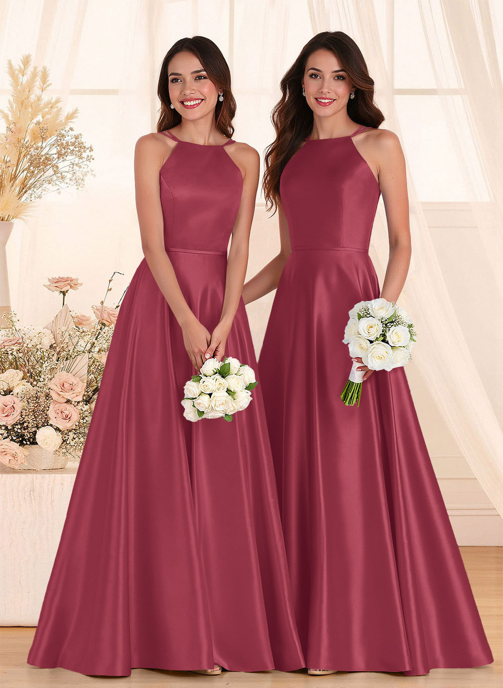 Classic Scoop Neck A-Line Floor-Length Satin Bridesmaid Dresses, product image 112
