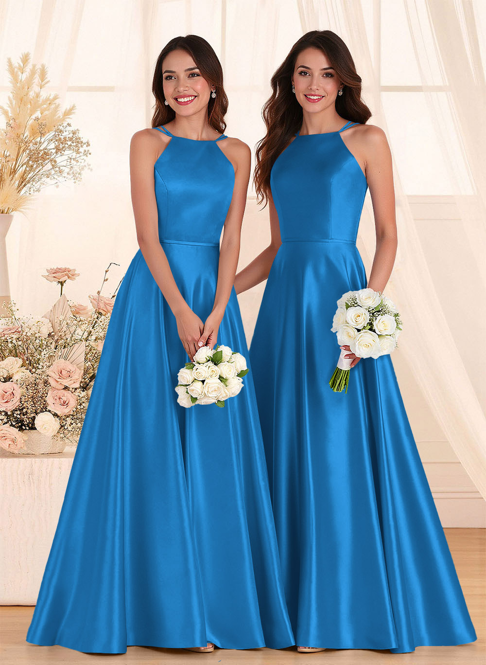 Classic Scoop Neck A-Line Floor-Length Satin Bridesmaid Dresses, product image 126