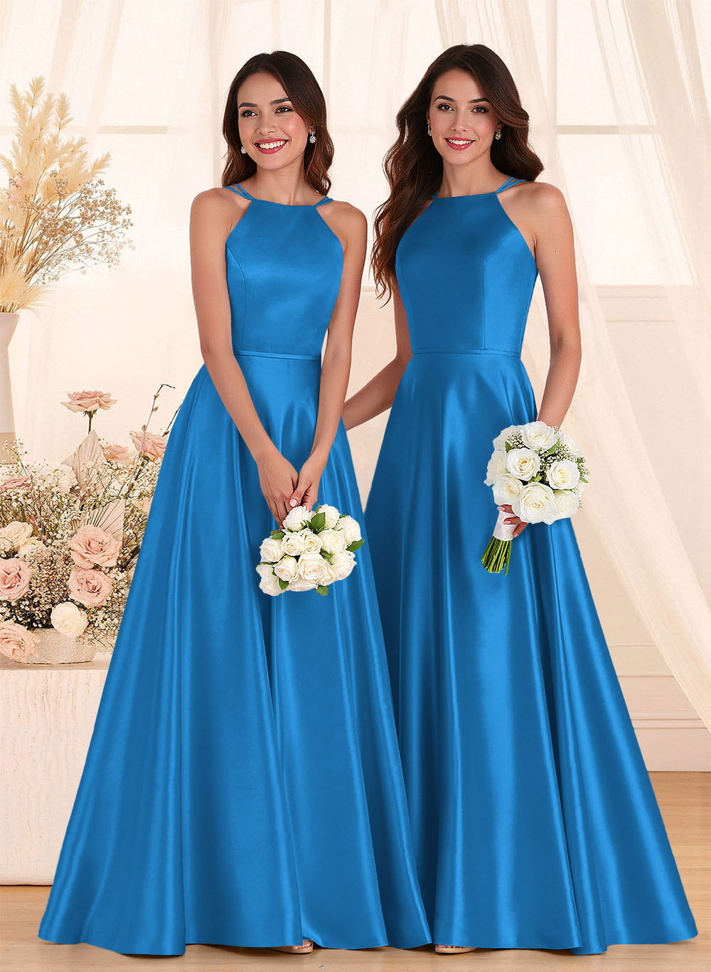 Classic Scoop Neck A-Line Floor-Length Satin Bridesmaid Dresses, product image 126