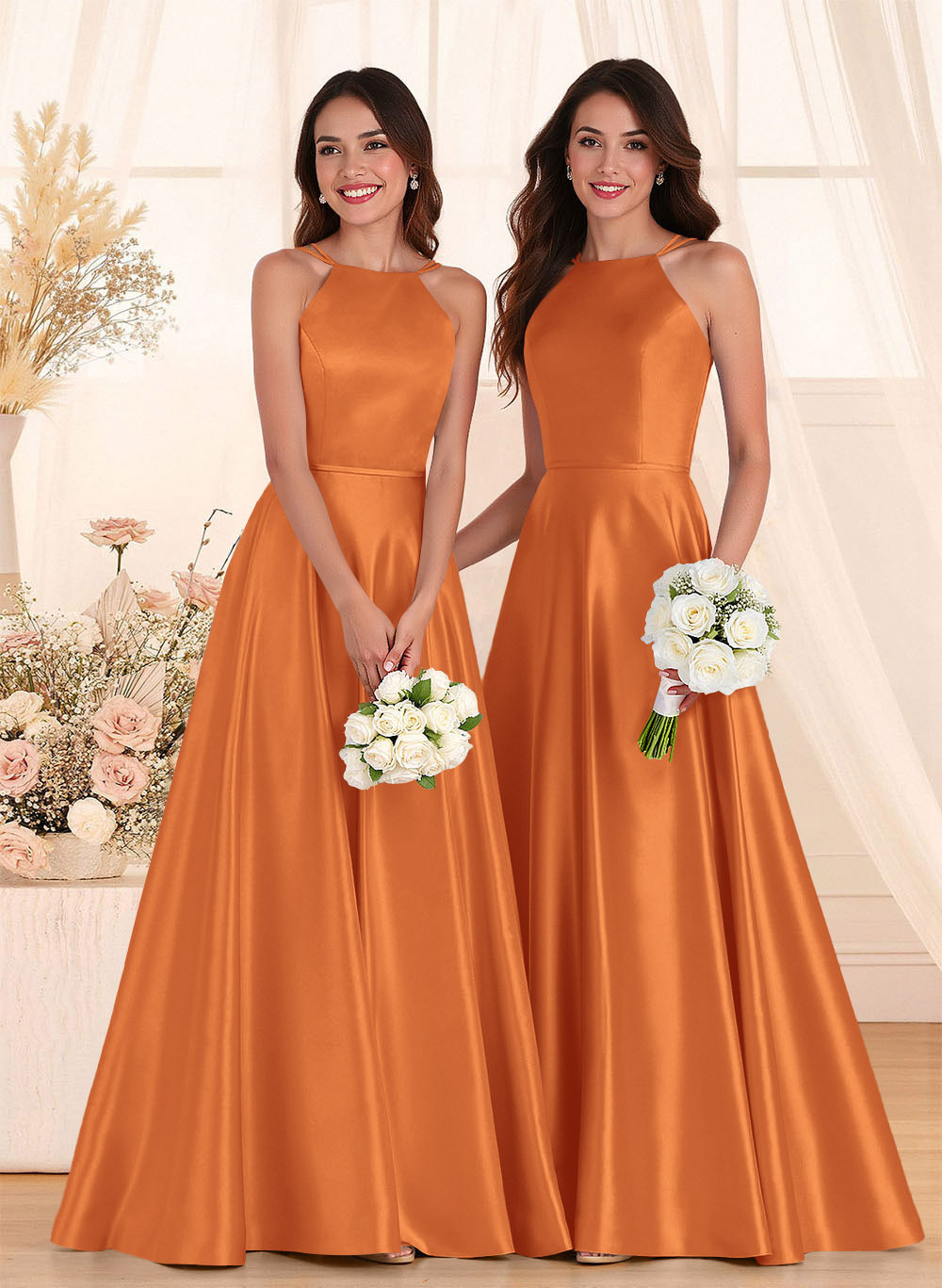 Classic Scoop Neck A-Line Floor-Length Satin Bridesmaid Dresses, product image 44