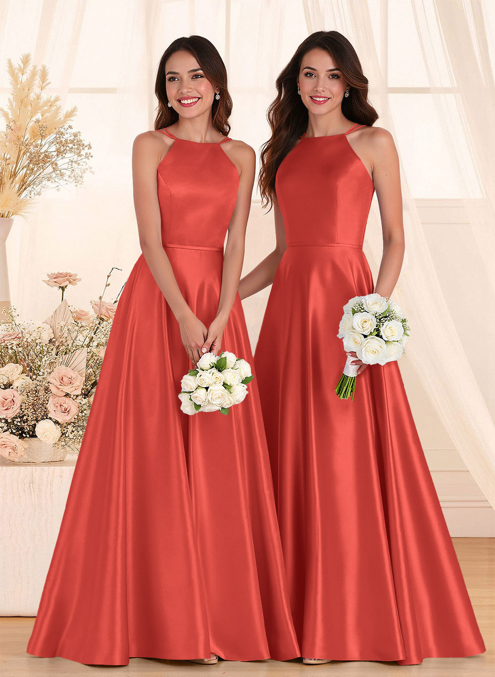 Classic Scoop Neck A-Line Floor-Length Satin Bridesmaid Dresses, product image 42