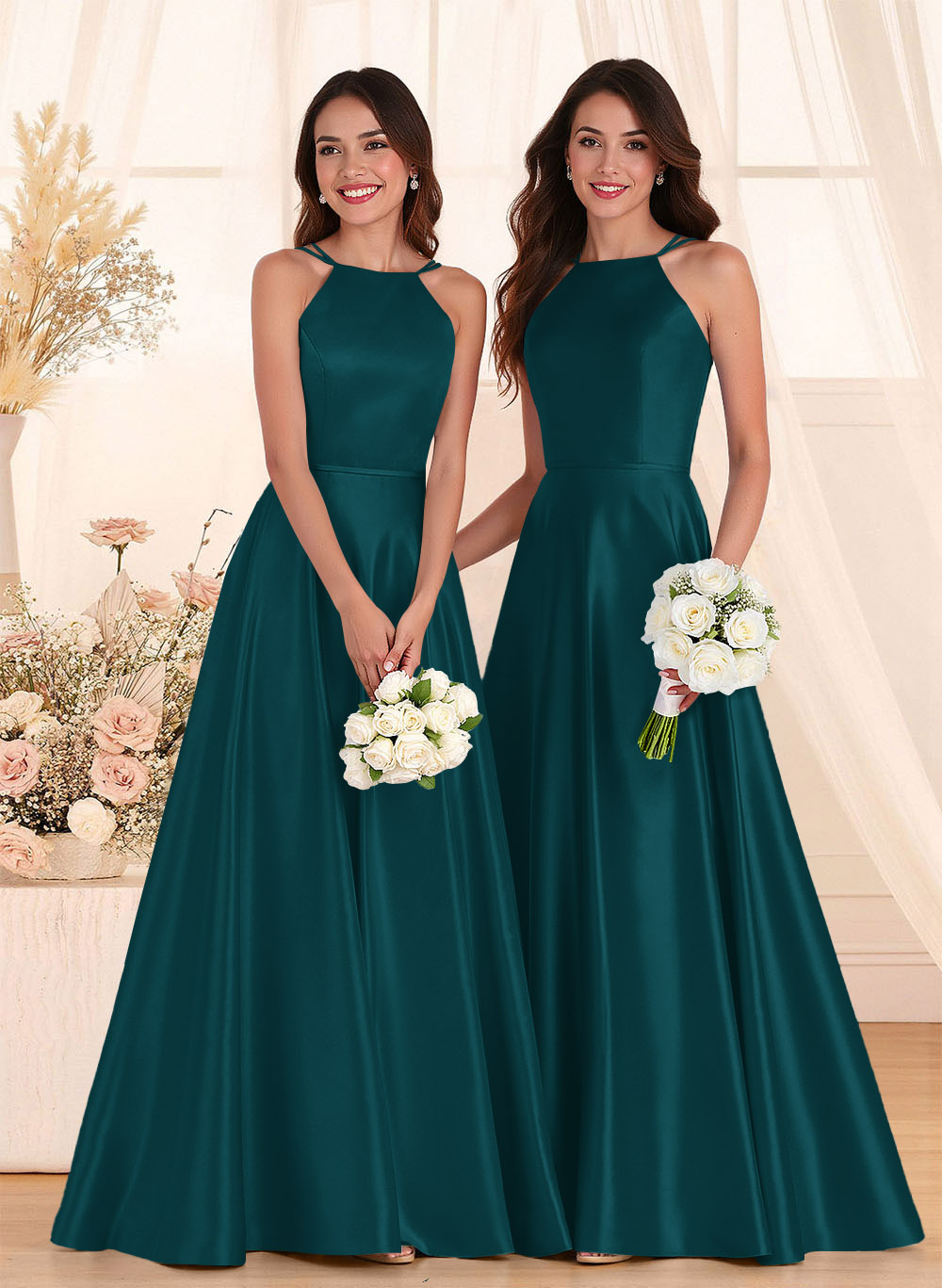Classic Scoop Neck A-Line Floor-Length Satin Bridesmaid Dresses, product image 64
